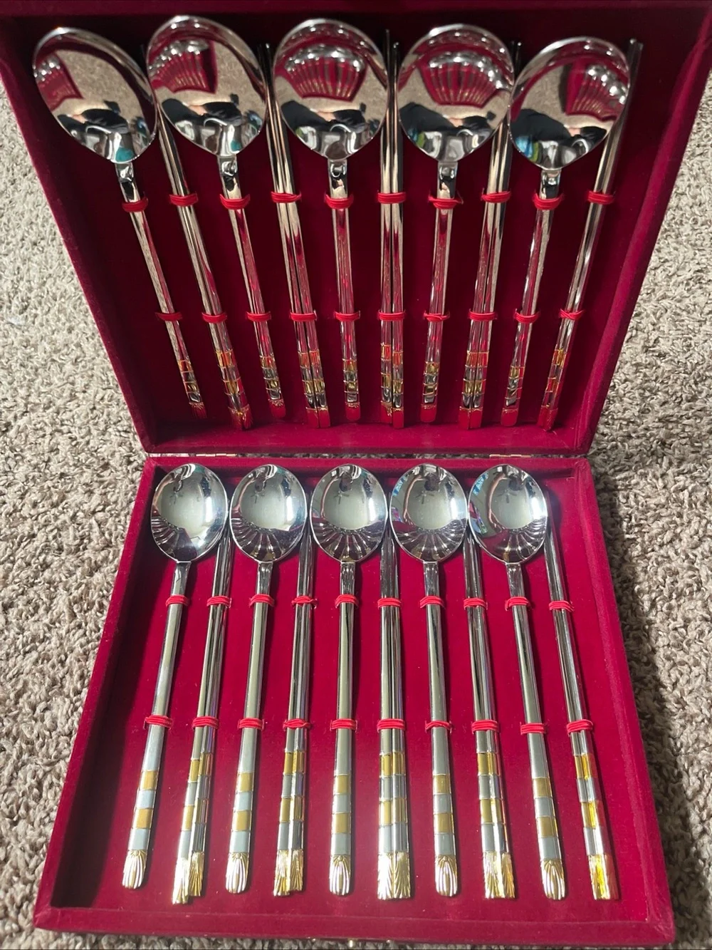 Gold-Trim Stainless Spoon and chopsticks Set with Red Accents